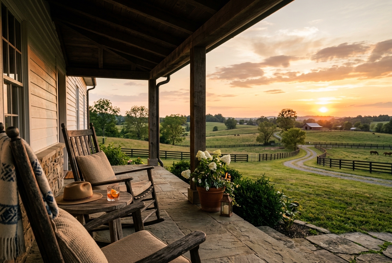 A Kentucky front porch at golden hour overlooking the bluegrass hills