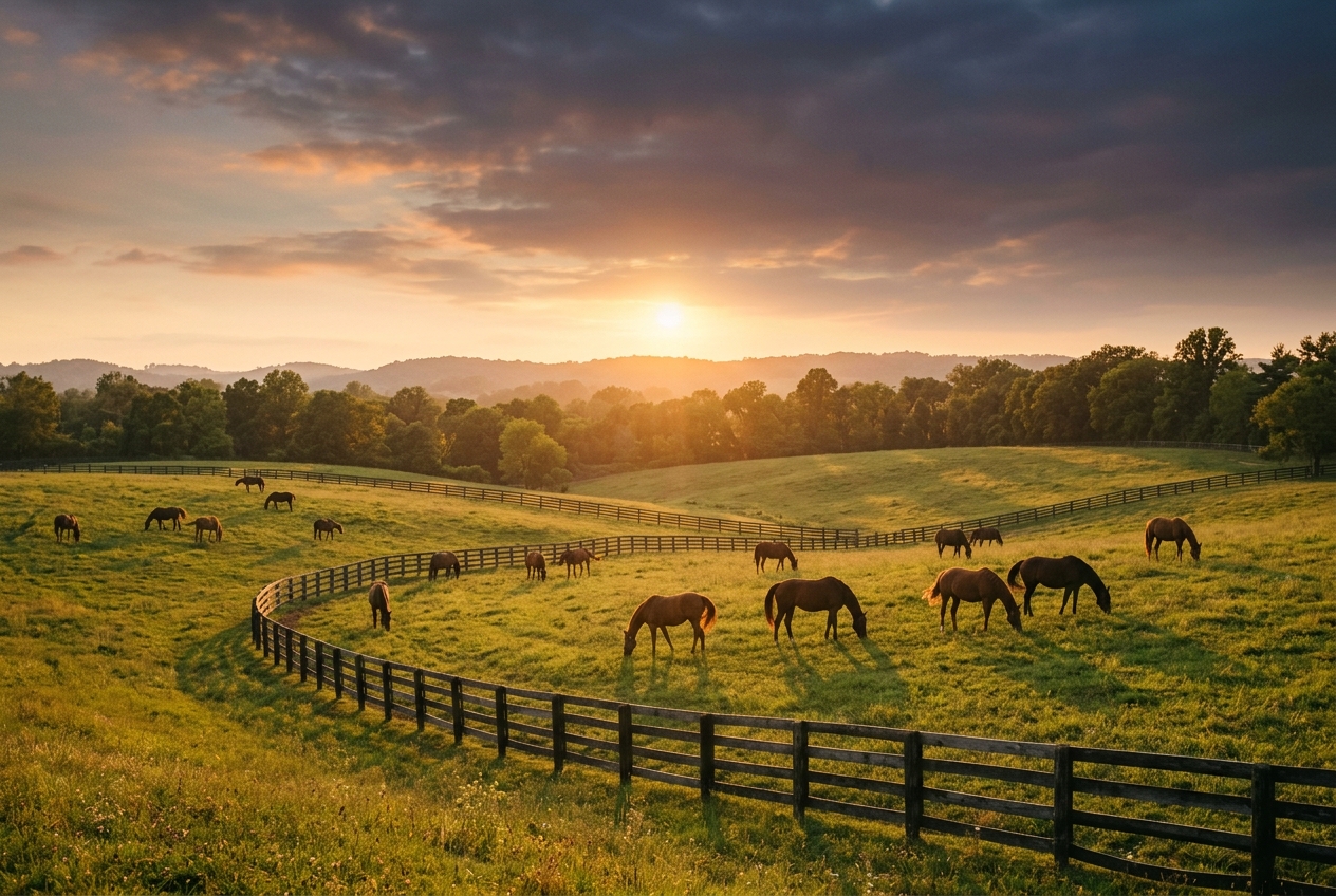 Horses grazing in a Kentucky pasture at dusk