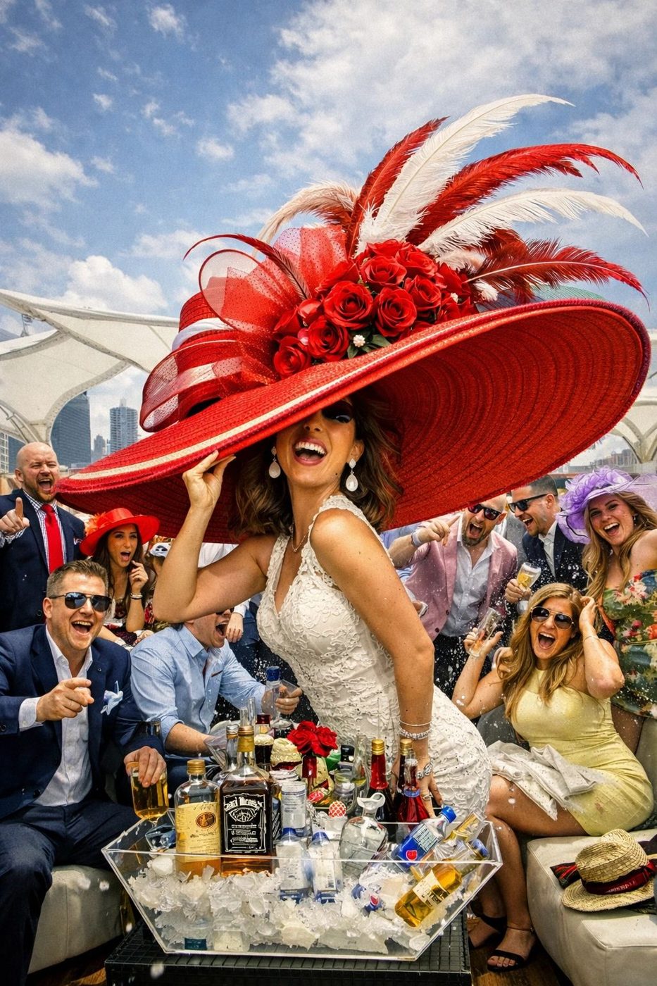 A guest in a red Derby hat at a garden party