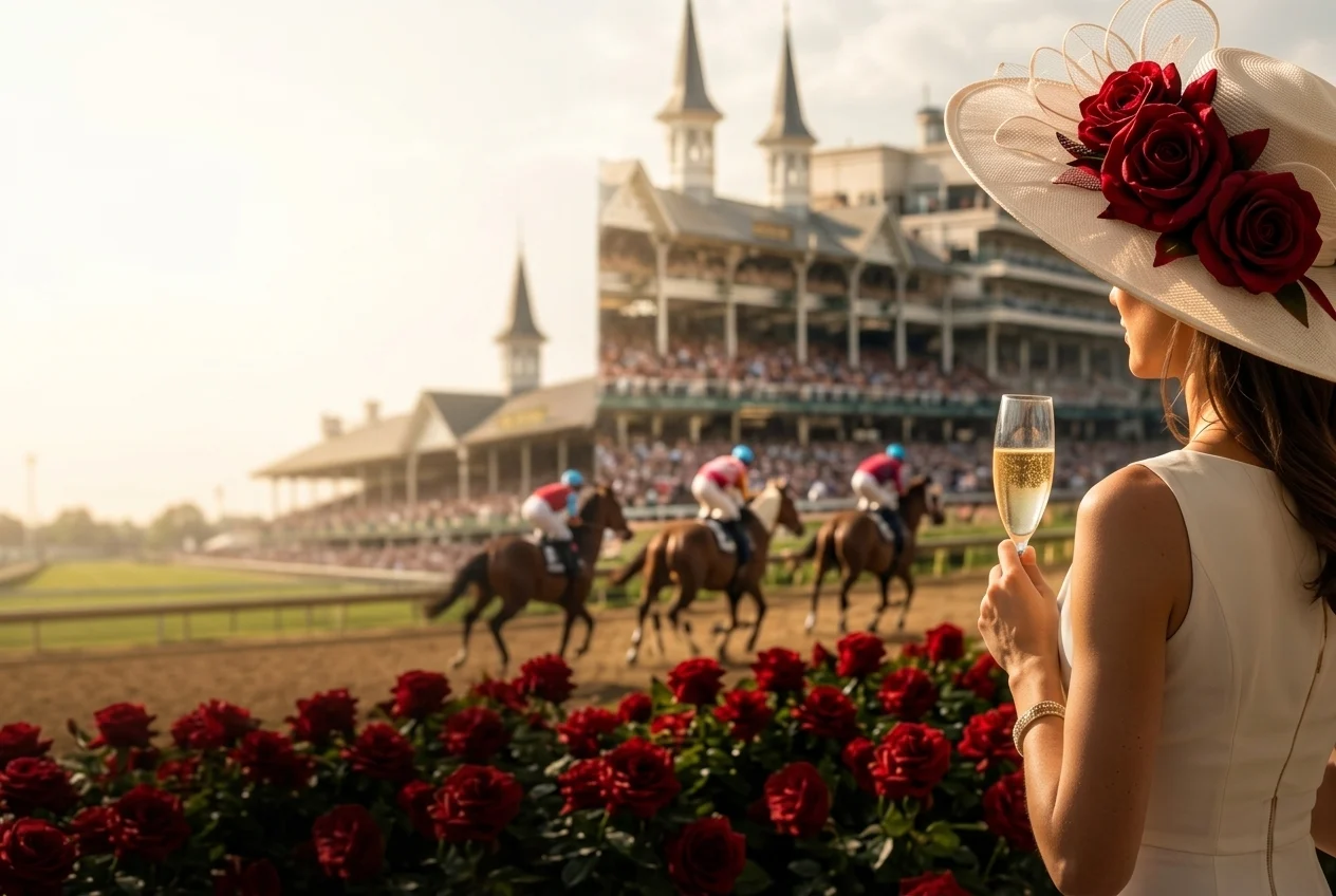 A Derby guest in a rose-trimmed hat at Churchill Downs