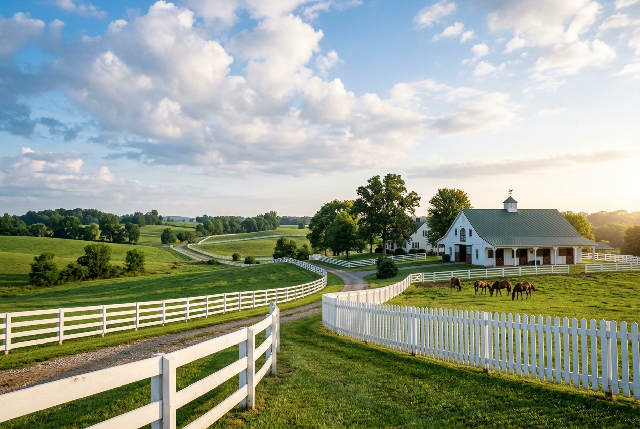 A Kentucky horse farm at golden hour