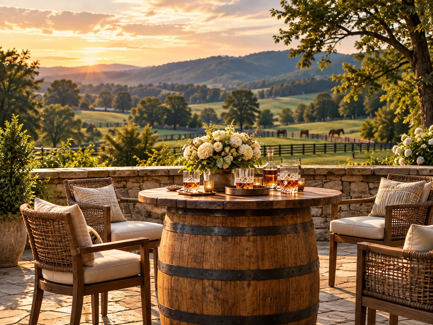 Bourbon and flowers on a barrel table on a stone terrace overlooking Kentucky horse country at sunset