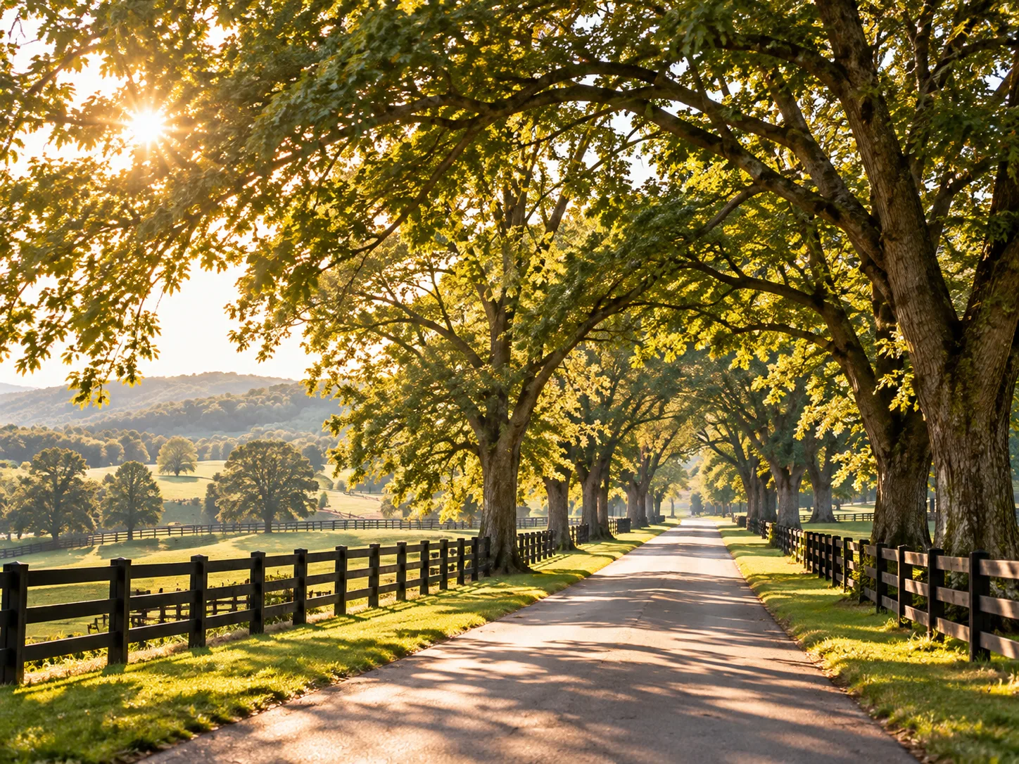 A sunlit tree-lined lane between black fences on a Kentucky horse farm