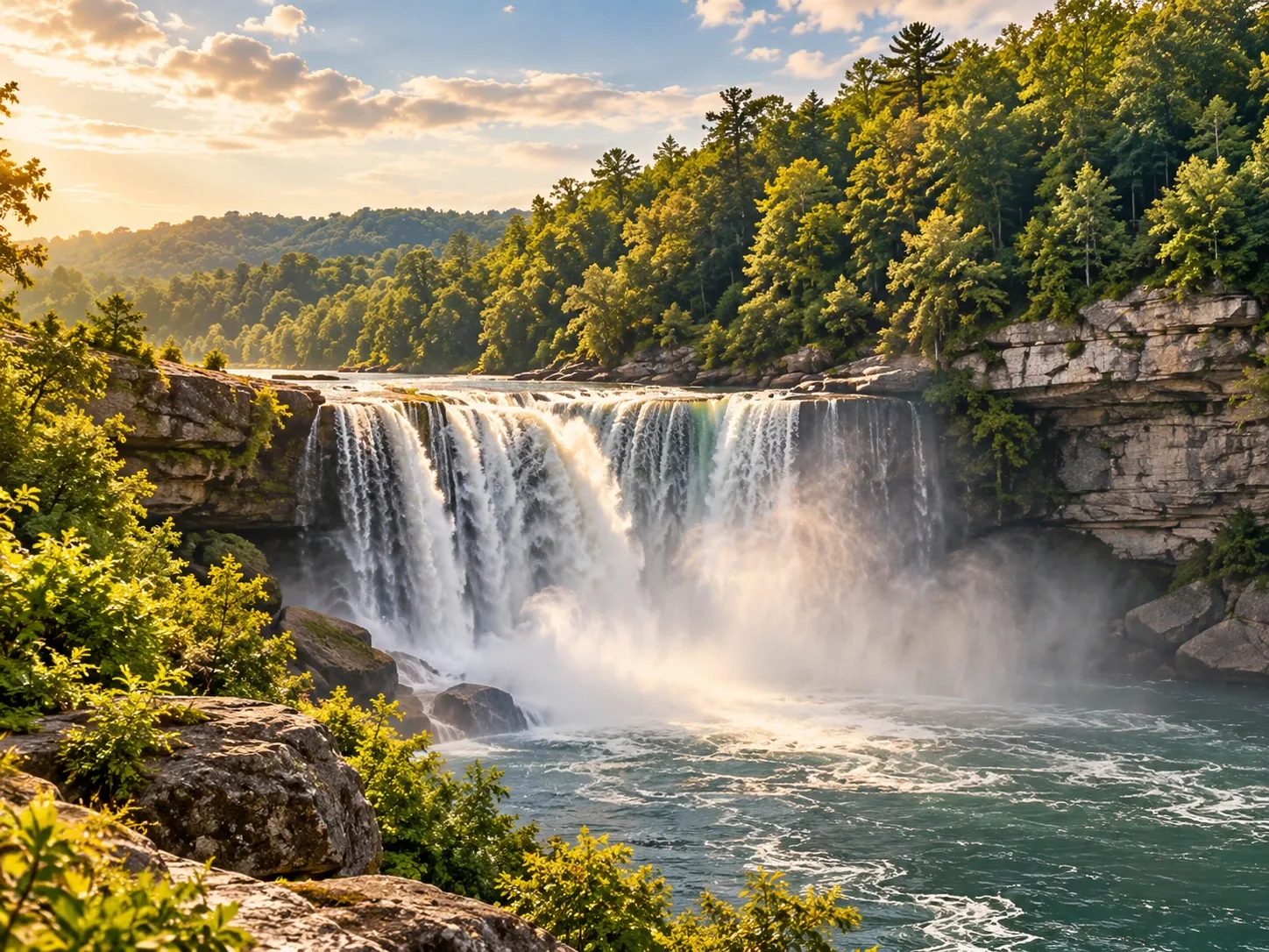 A wide waterfall in Kentucky's forested limestone country
