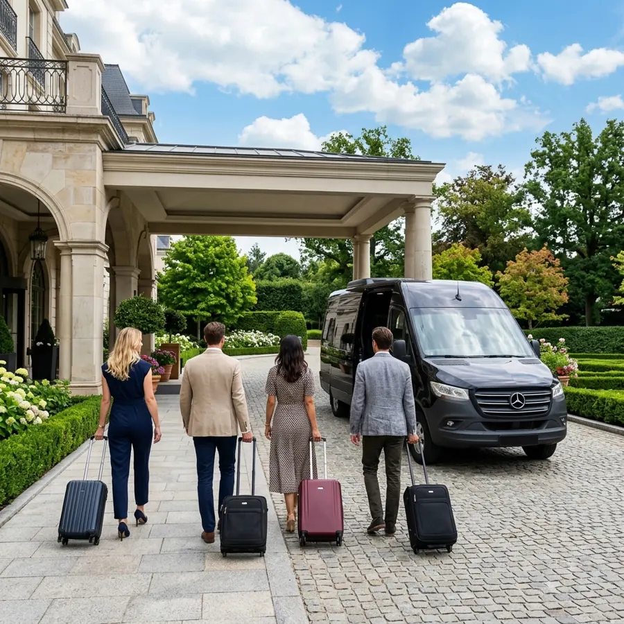 Guests with luggage walking to a waiting shuttle van at a hotel entrance