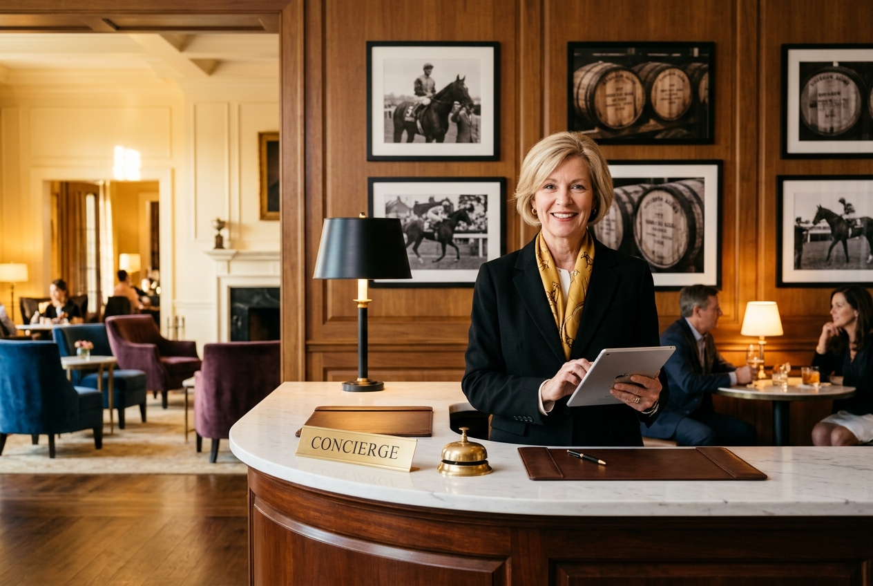 A Madeline & Mose concierge at the front desk with the Travel Desk on an iPad