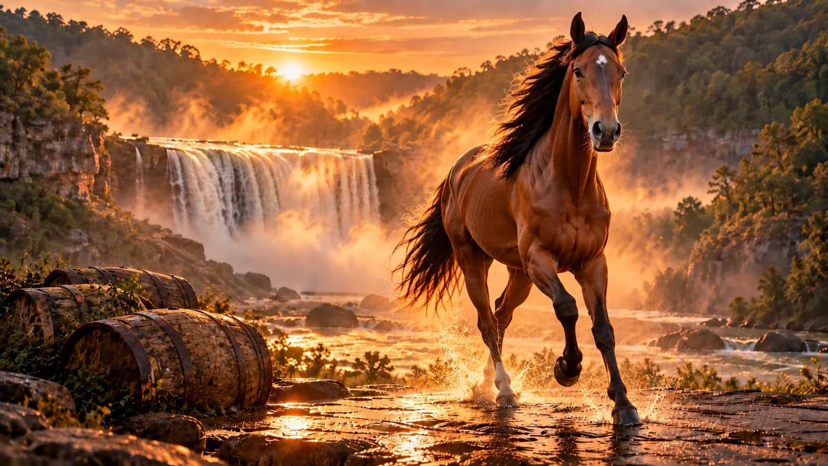 A bay horse running through the spray below a Kentucky waterfall at sunrise, with bourbon barrels resting on the rocks