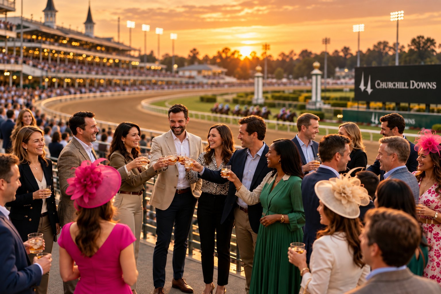 Friends raising a bourbon toast trackside at Churchill Downs at sunset