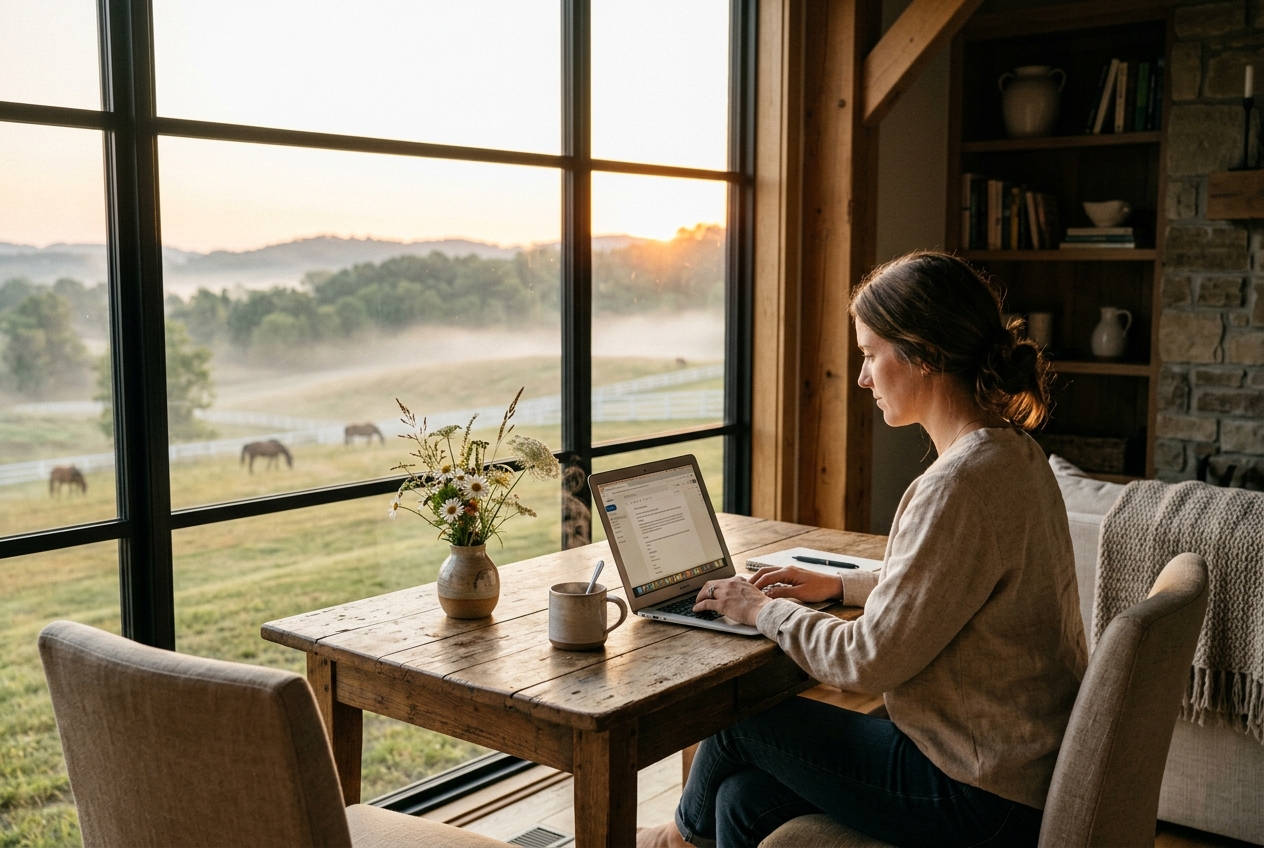 Working at a laptop beside a window overlooking a Kentucky pasture at sunrise