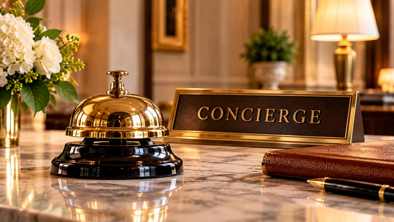 Brass concierge bell on a marble hotel desk with white hydrangeas