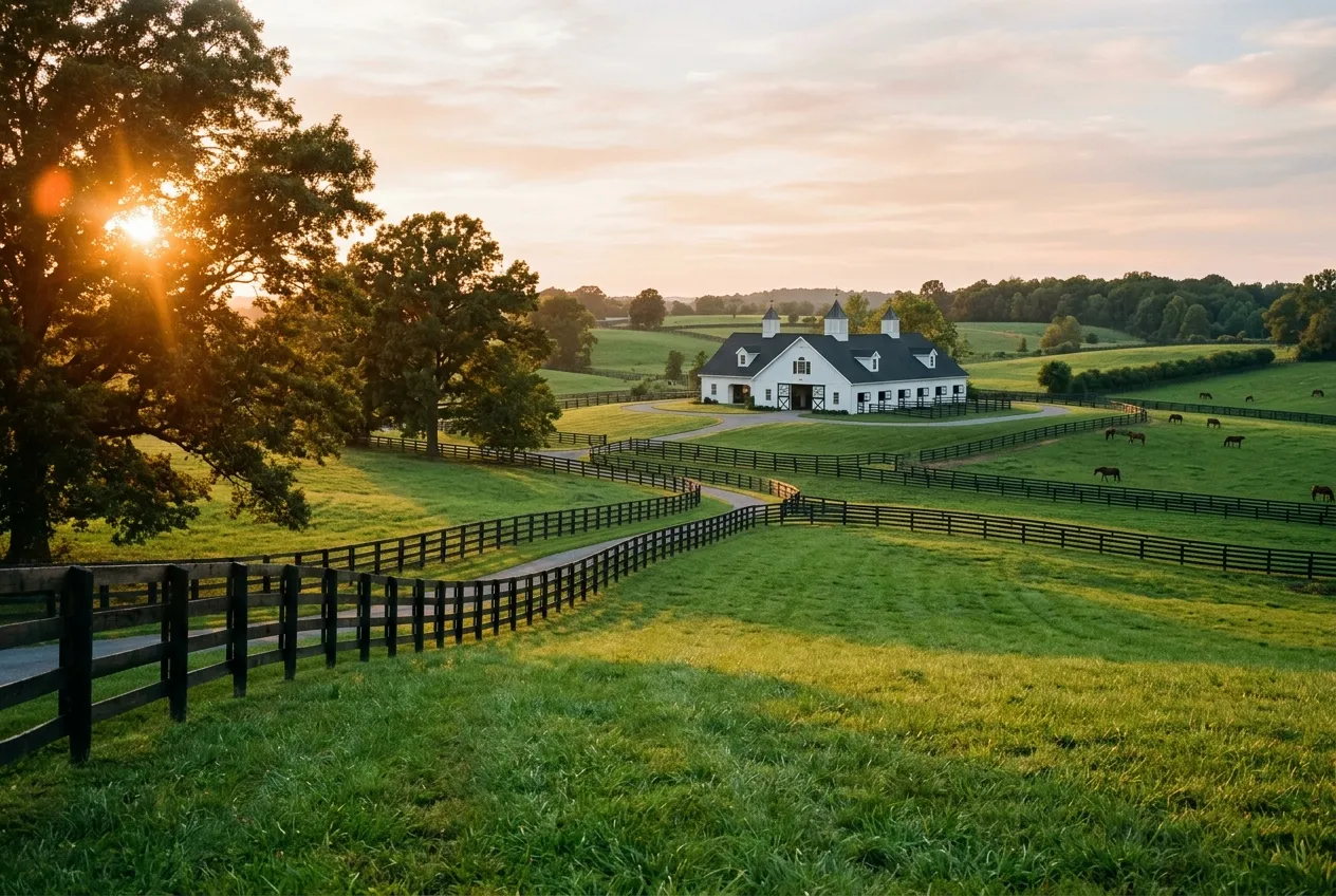 A Kentucky horse farm at golden hour