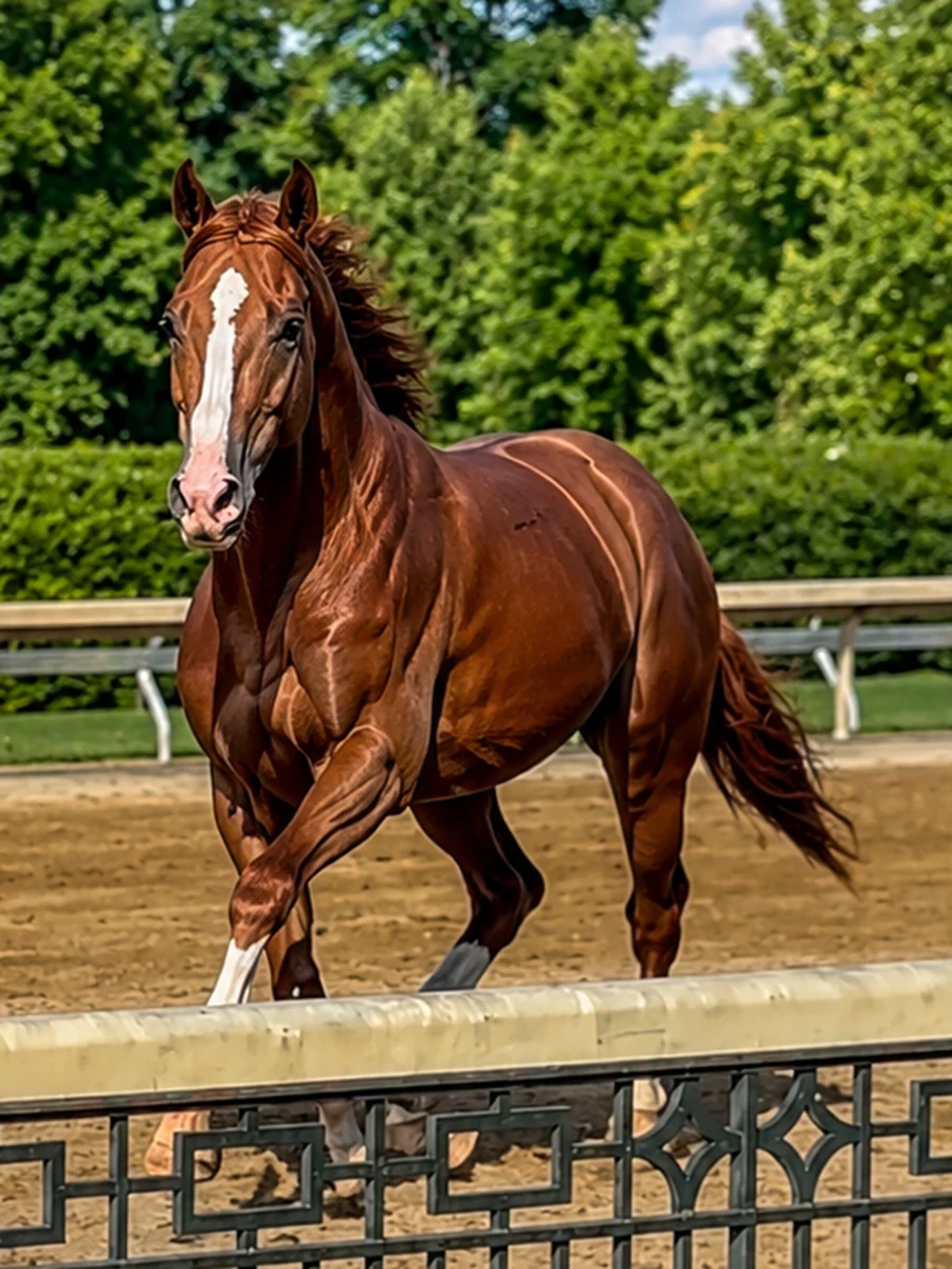 Thoroughbreds grazing on a Lexington horse farm at sunrise